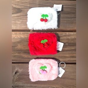 Lot of 3 Fuzzy Soft Heart Coin Purses Pouches Keychains & Embroidered Cherries
